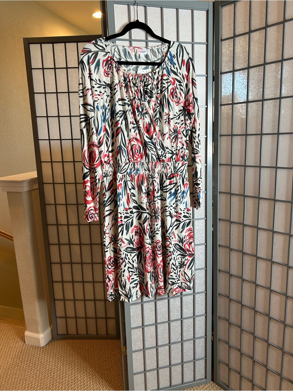 NWT LuLaRoe Jody Cream Dress with Red Floral and Blue Accents